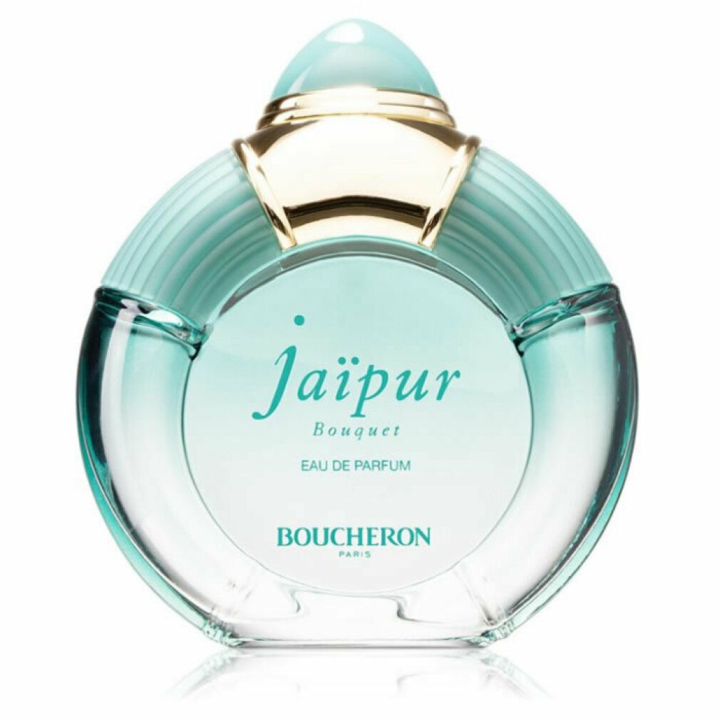 Runder Flakon, türkisblau. Aufschrift: Jaipur Bouquet Eau de Parfum. Marke: Boucheron.