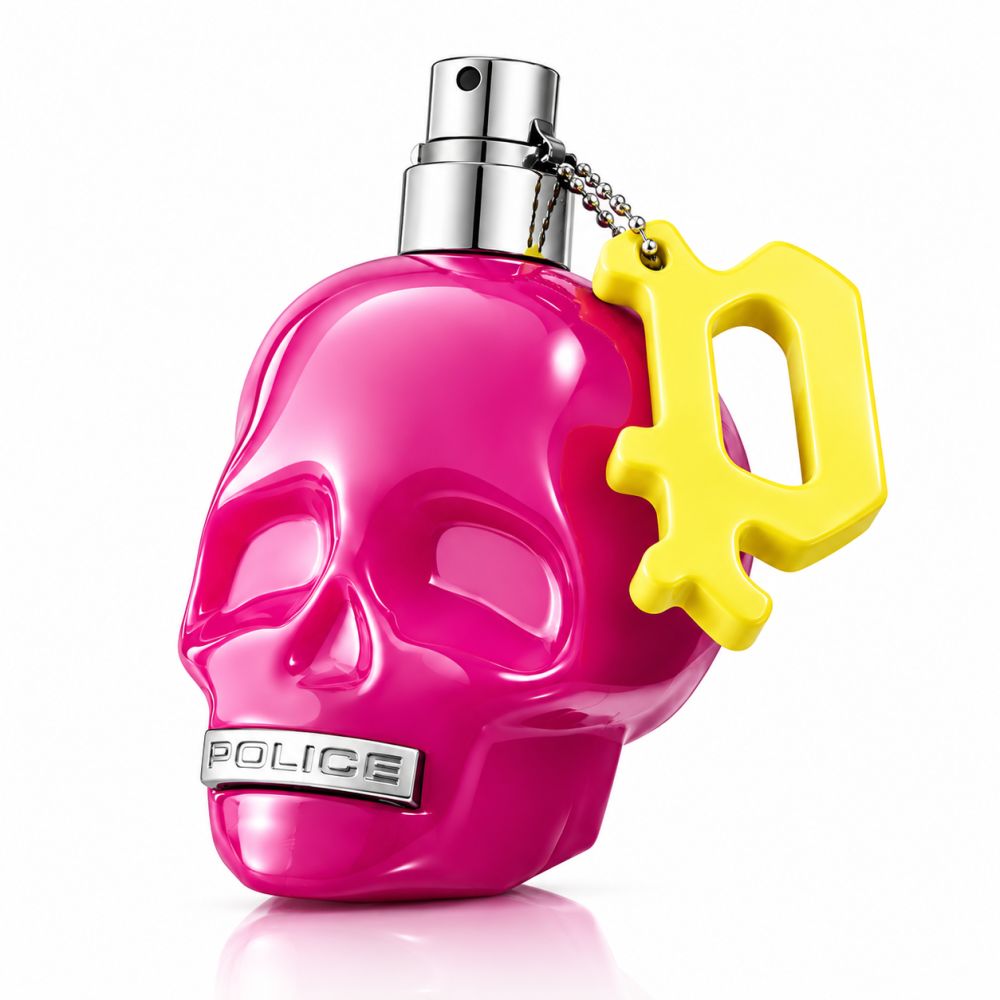 Pinke Totenkopf-Parfümflasche mit gelbem Anhänger.