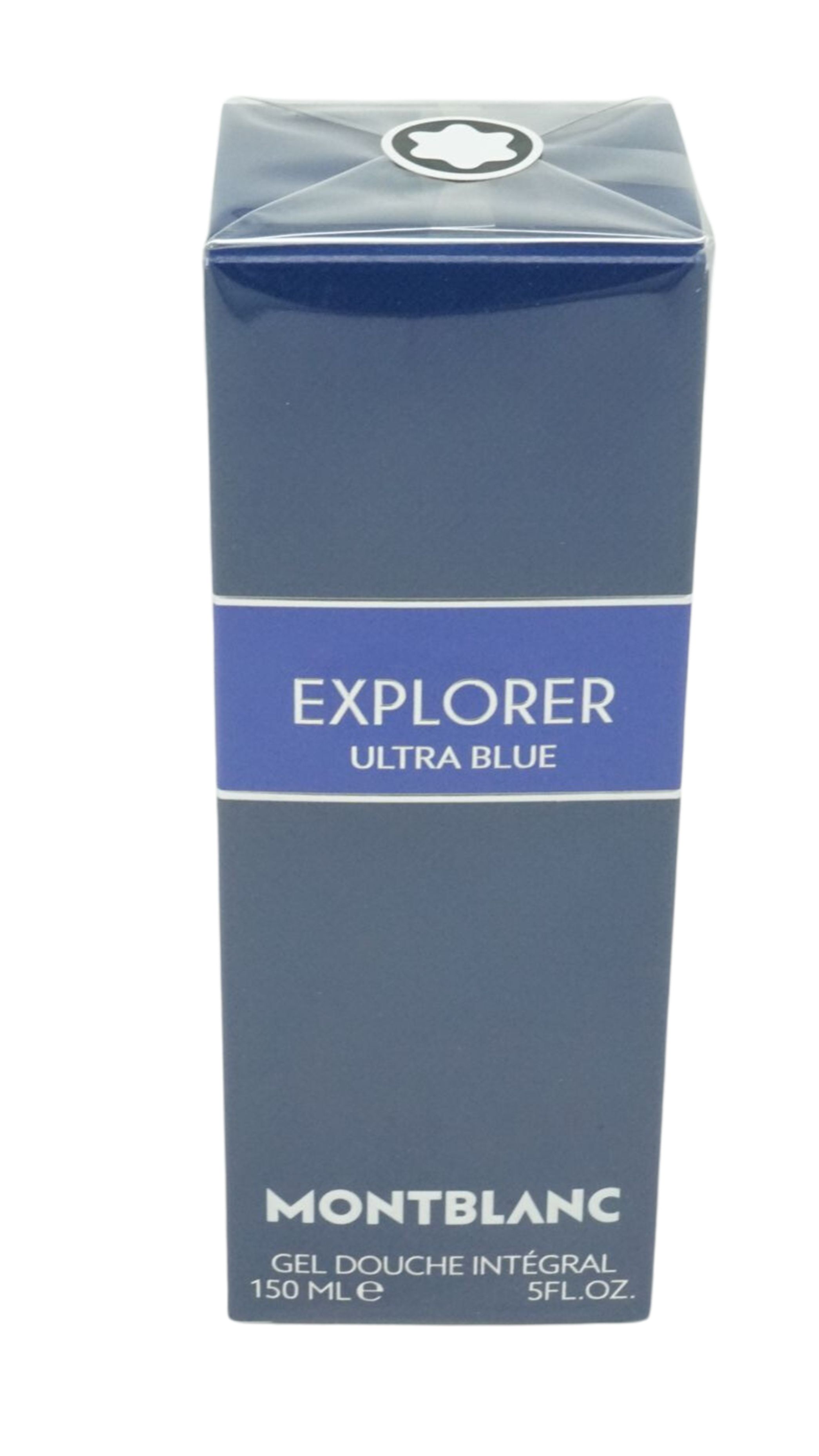 Blaue Verpackung. Aufschrift: EXPLORER ULTRA BLUE, MONTBLANC. Gel Douche Intégral. Mit Montblanc-Logo.