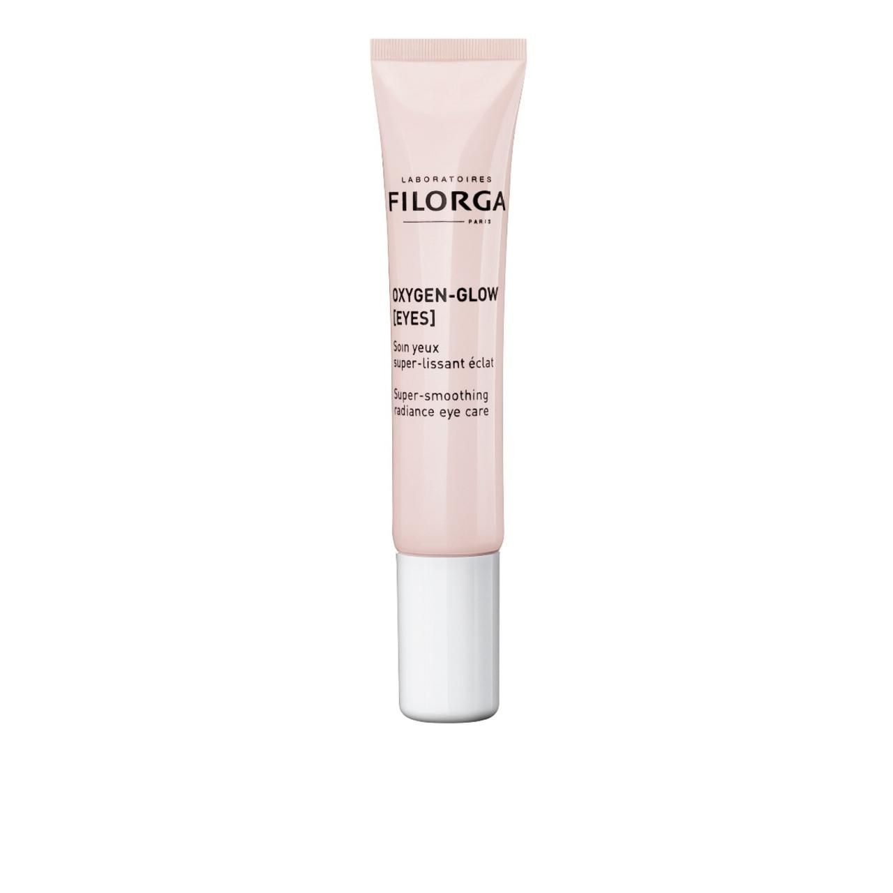 Rosa Tube mit weißem Verschluss. Beschriftung: Filorga, Oxygen-Glow [Eyes]. Super-glättende Augenpflege.