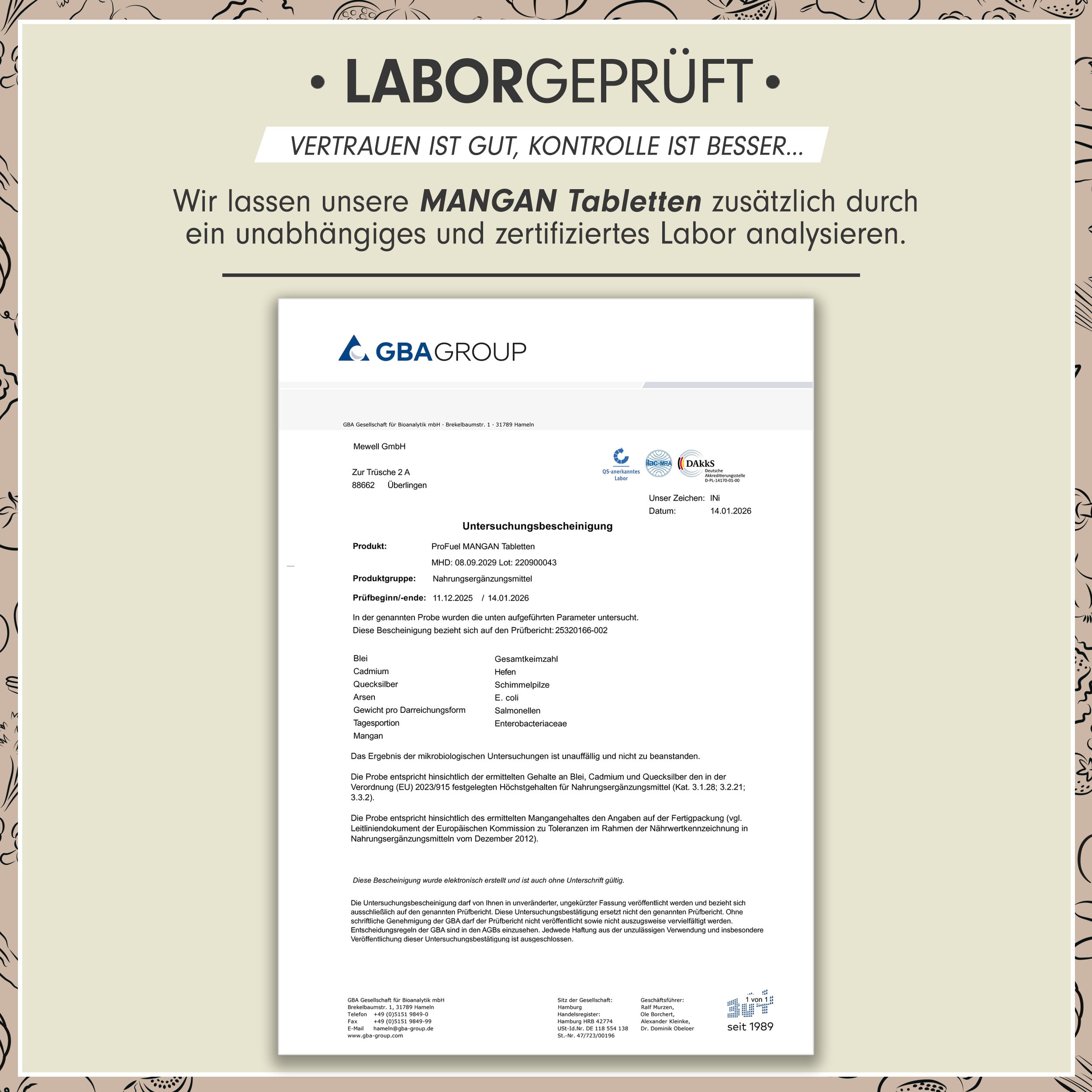 Laborbericht. Zertifizierter Bericht über Mangan-Tabletten. GBA Group. Analyseergebnisse und Details.