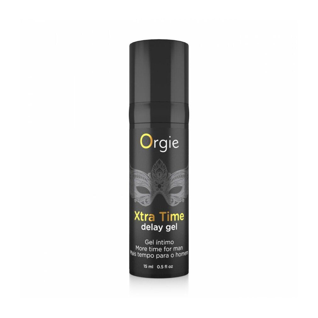 Schwarze Flasche. Aufschrift: Orgie, Xtra Time delay gel. 15 ml. Masken-Design.