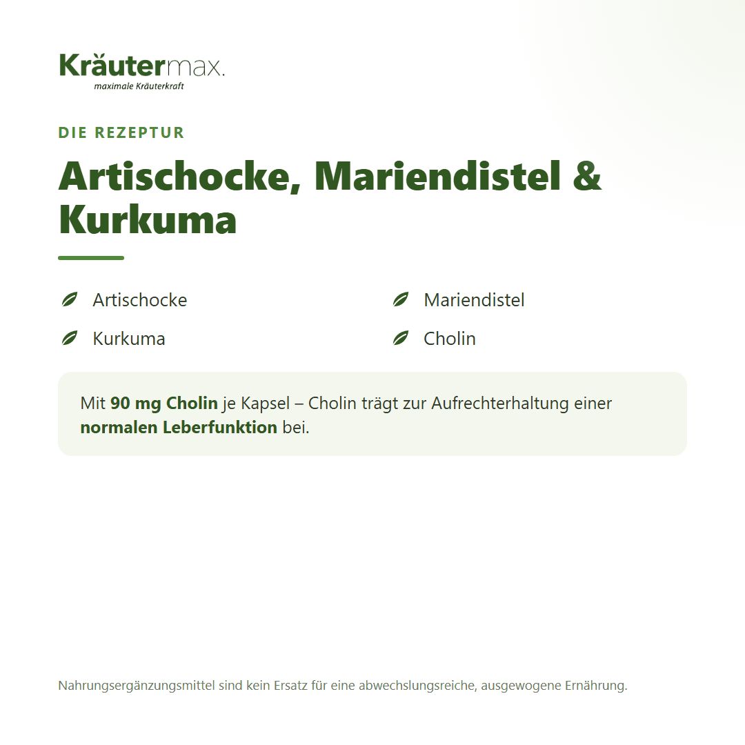 Übersicht der Inhaltsstoffe: Artischocke, Mariendistel, Kurkuma, Cholin. Mit 90 mg Cholin je Kapsel.