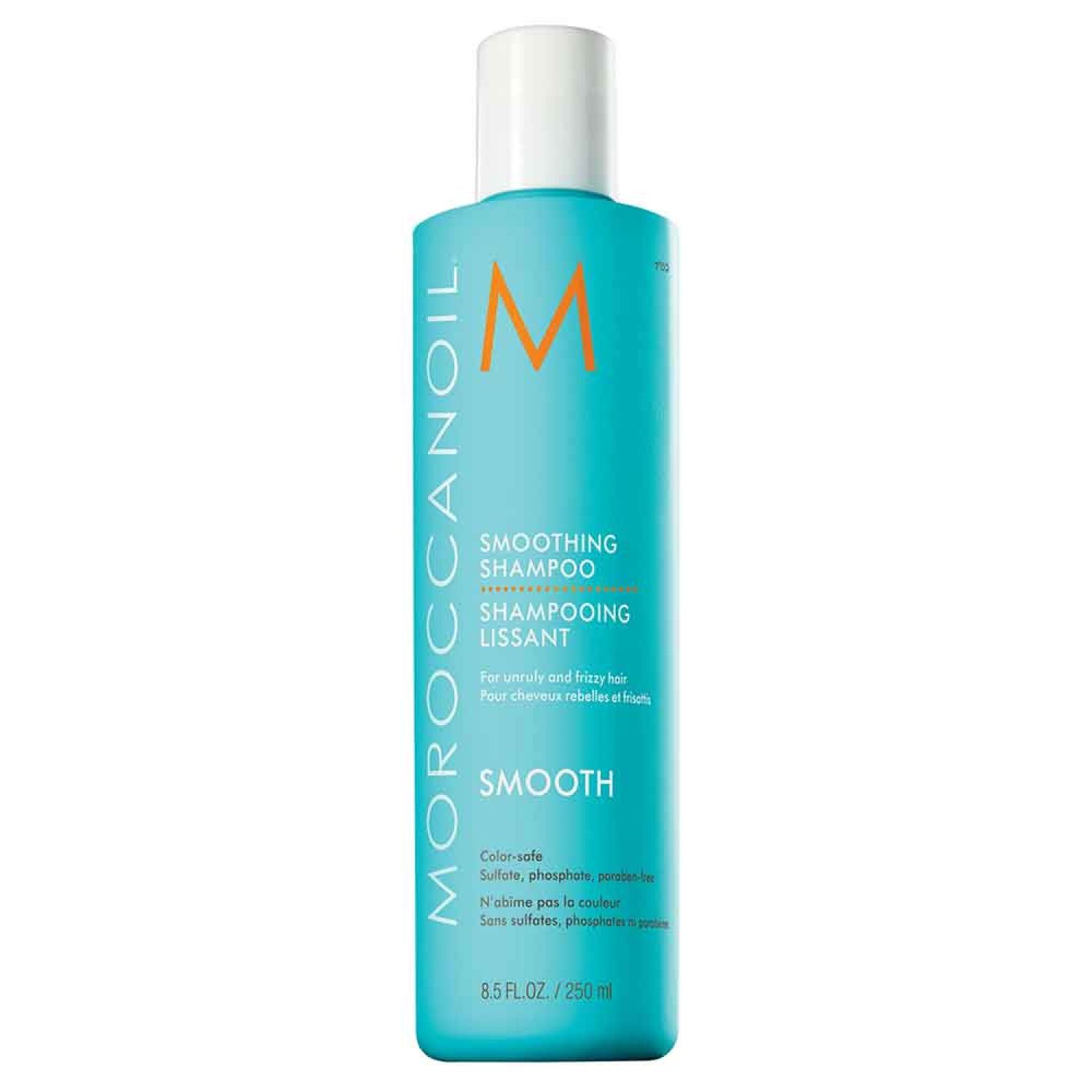 Türkisgrüne Flasche mit weißem Deckel. Moroccanoil Smoothing Shampoo. Text: Smooth, 8.5 FL.OZ./250 ml.