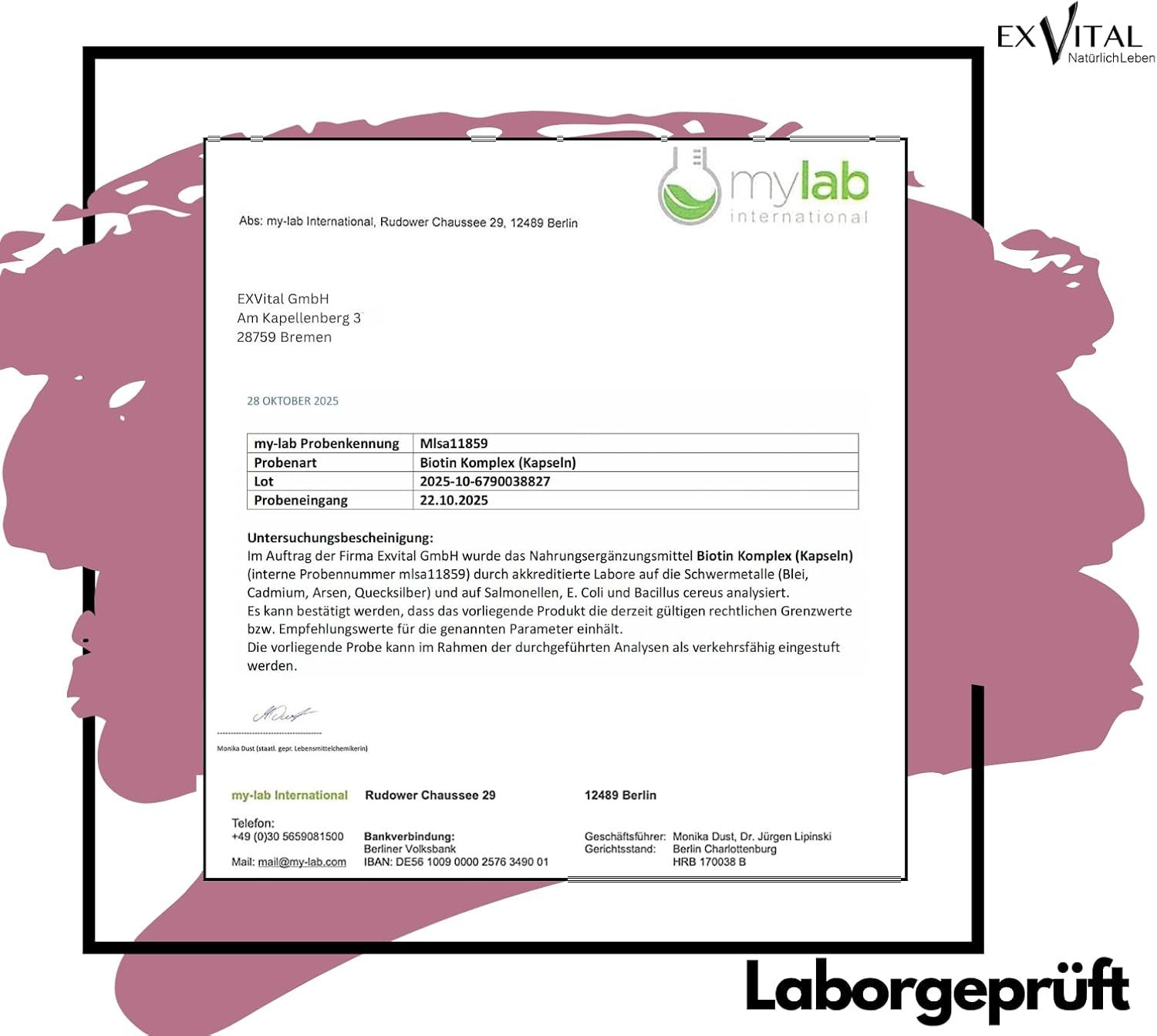 Laborbericht von my-lab international. Text: Biotin Komplex (Kapseln). Untersuchungsergebnis. Unterschrift. Logo my-lab.