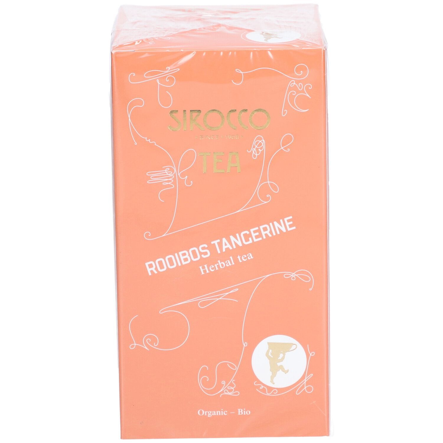 Orangefarbene Verpackung mit Text: Sirocco Tea, Rooibos Tangerine. Bio-Siegel. Kräutertee. Sichtbare Verpackung.