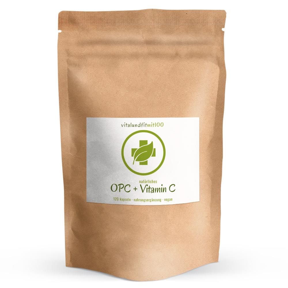 Beutel mit OPC + Vitamin C Kapseln. Aufkleber mit Logo, Produktname und Inhaltsangaben. Braune Papierverpackung.