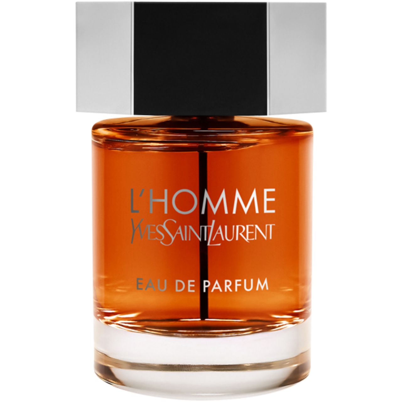 Yves Saint Laurent L'Homme Intense Eau de Parfum Flakon. Flakon mit silbernem Deckel und schwarzem Einsatz.