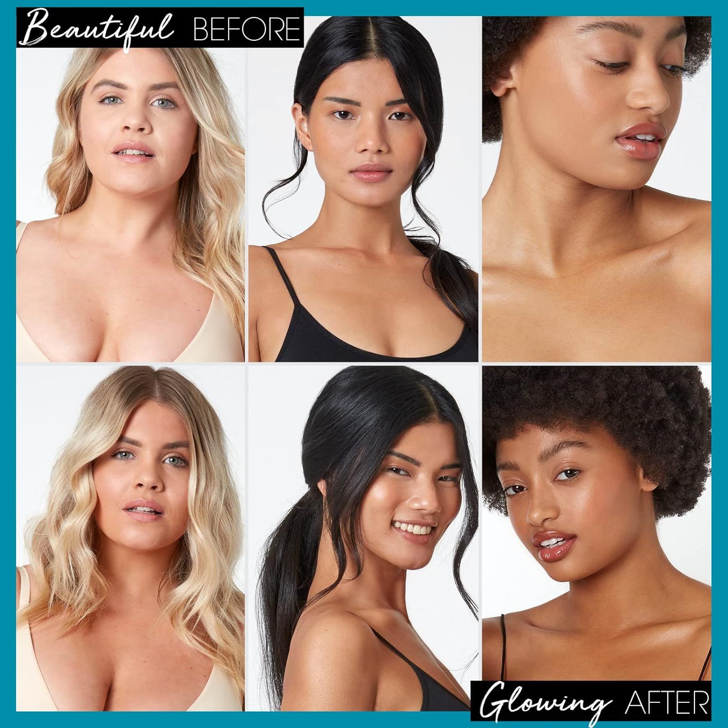 Vorher-Nachher-Vergleich von sechs Gesichtern. Oben: drei Frauen, hellhäutig. Unten: drei Frauen, unterschiedliche Hauttöne. Alle mit gebräunter Haut.