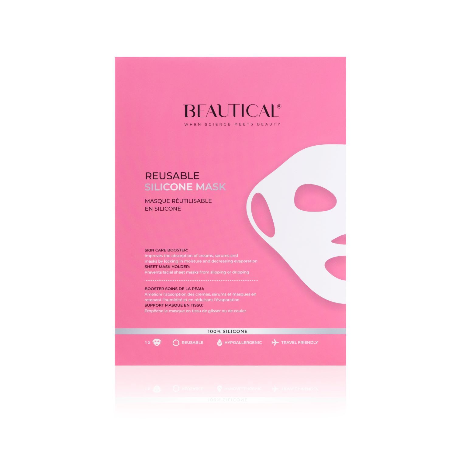 Emballage rose avec masque en silicone blanc. Texte: BEAUTICAL, REUSABLE SILICONE MASK. Contient des informations sur les ingrédients et les caractéristiques.