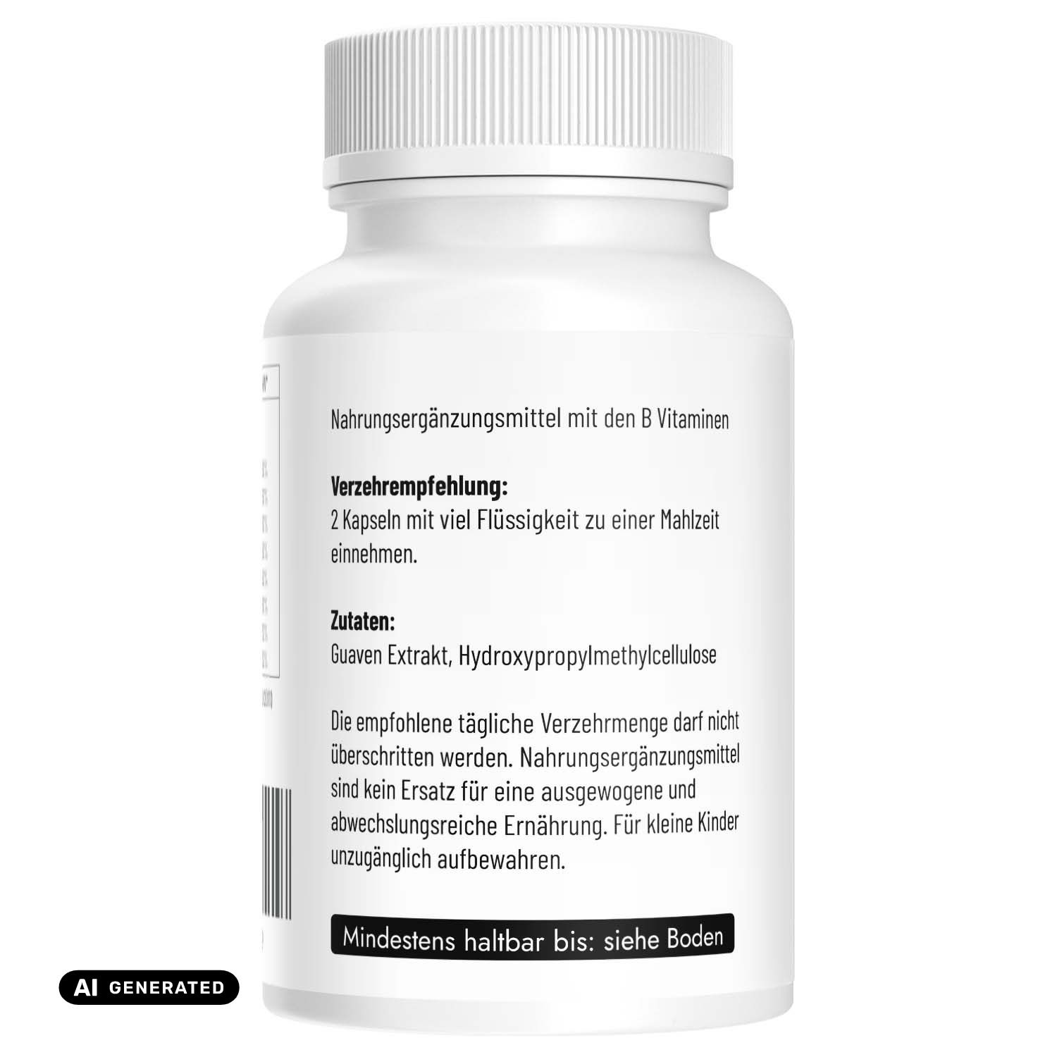 Rückseite einer Flasche mit Guaven Vitamin B Komplex Nahrungsergänzungsmittel.