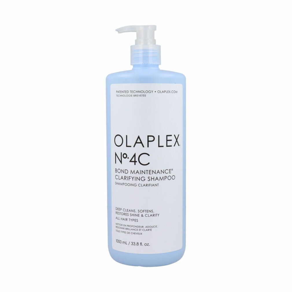 Hellblaues Shampoo mit Pumpe. Aufschrift: OLAPLEX Nº4C BOND MAINTENANCE Clarifying Shampoo. Tiefenreinigung, Glanz, für alle Haartypen.