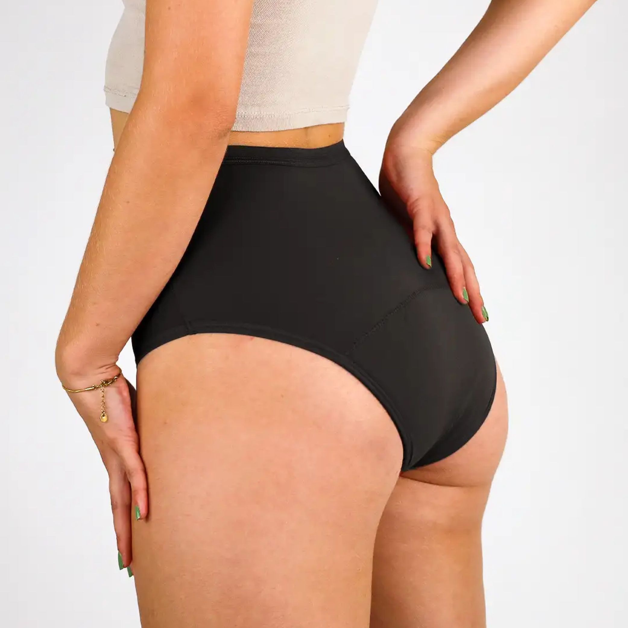 Schwarze High-Waist Periodenunterwäsche aus Baumwolle und Elasthan. Hoher Bund für Komfort.
