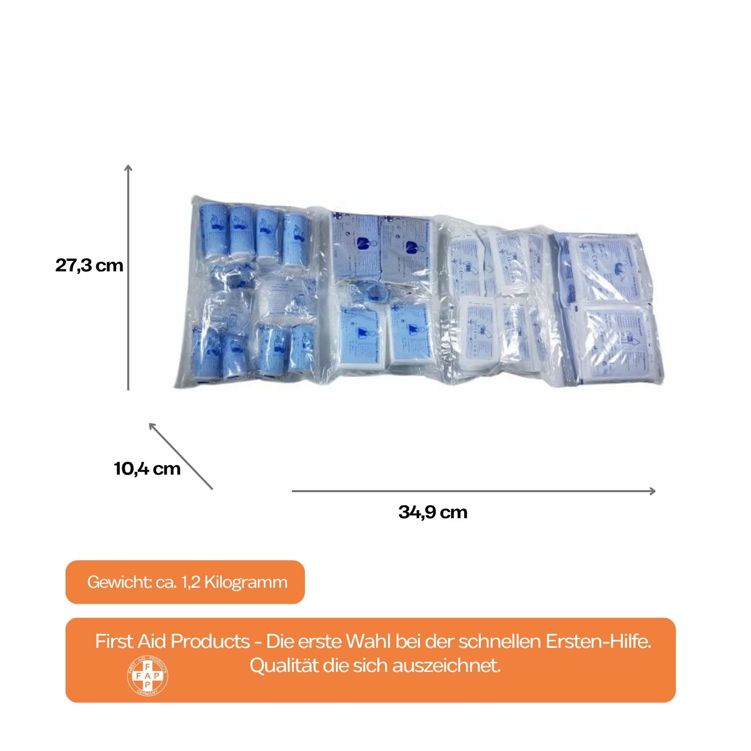 Verbandmaterial in Folie verpackt. Abmessungen: 34,9 x 27,3 x 10,4 cm. Gewicht ca. 1,2 kg. Orangefarbener Schriftzug: First Aid Products.