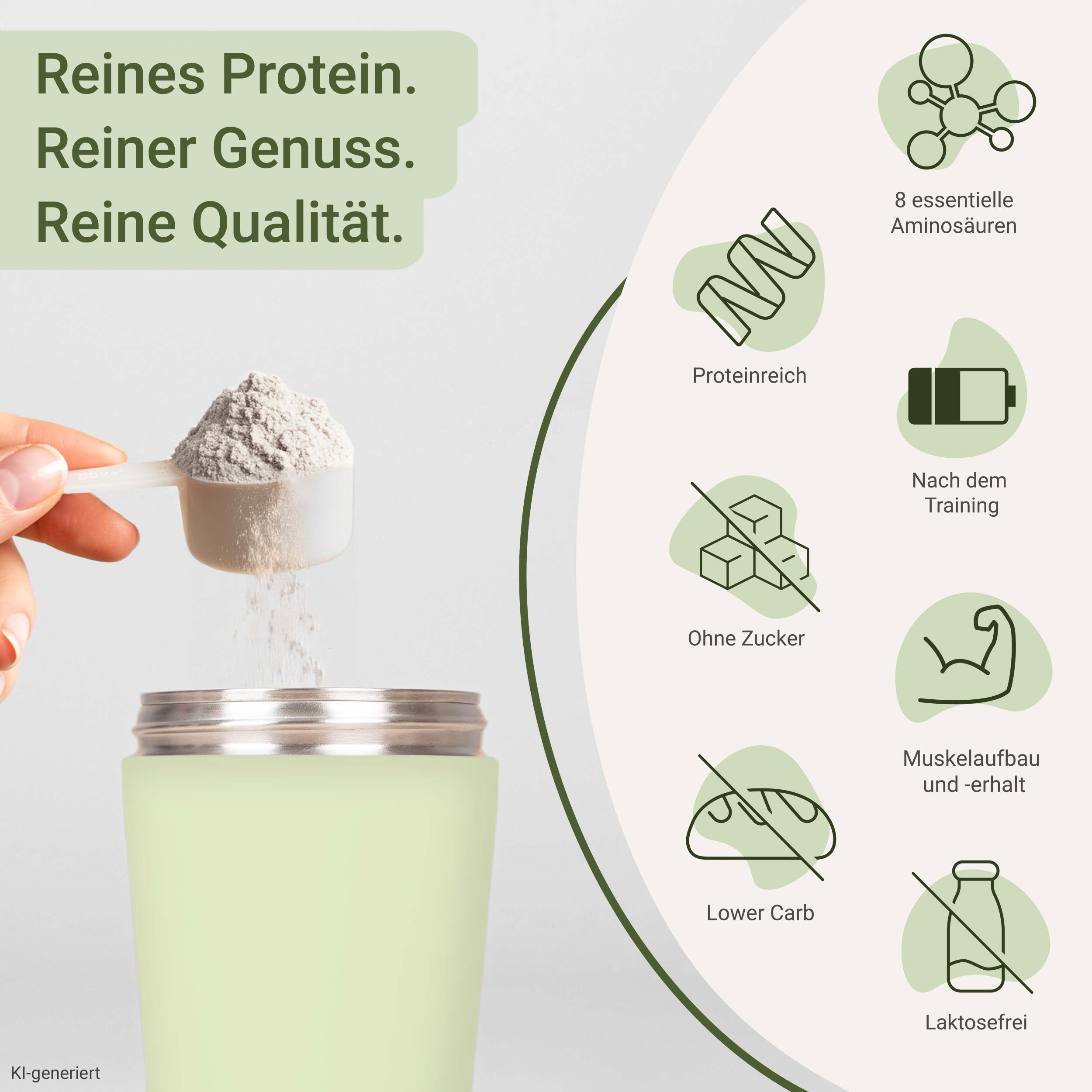 Eine Hand schüttet Proteinpulver aus einem Löffel in einen hellgrünen Behälter. Icons zeigen Aminosäuren, Protein, zuckerfrei, Lower Carb, nach dem Training, Muskelaufbau, laktosefrei.