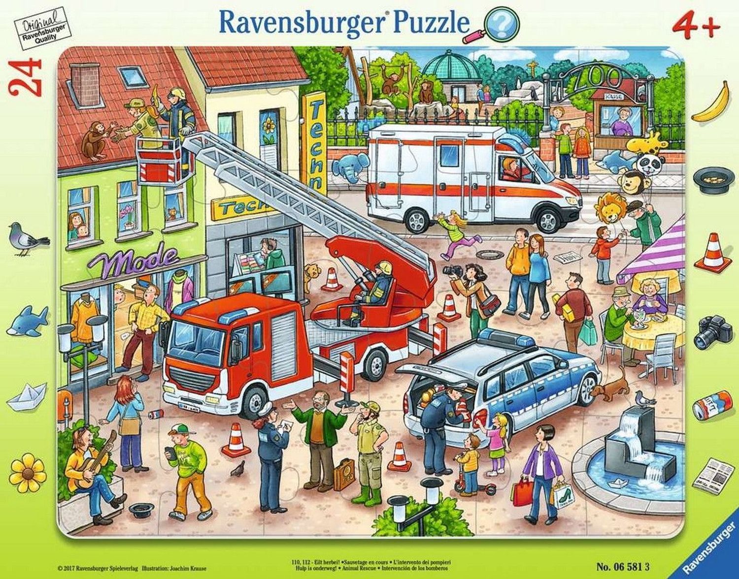 Rahmenpuzzle mit Stadtmotiv. Feuerwehr, Krankenwagen, Polizei und Menschen. 24 Teile, ab 4 Jahren. Ravensburger Puzzle.