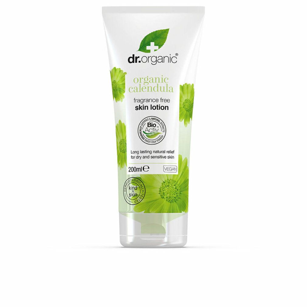 Creme-Tube mit Produktnamen und Logo. Text: 'organic calendula fragrance free skin lotion'. Grün-weißes Design, vegan.