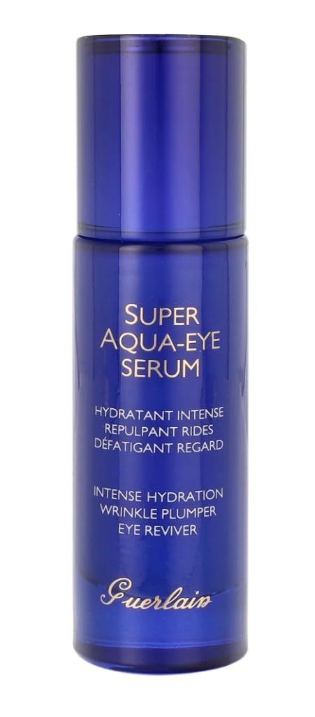 Blaues Serumfläschchen. Aufschrift: Super Aqua-Eye Serum, Hydratant Intense, Repulpant Rides, Défatigant Regard. Marke: Guerlain.