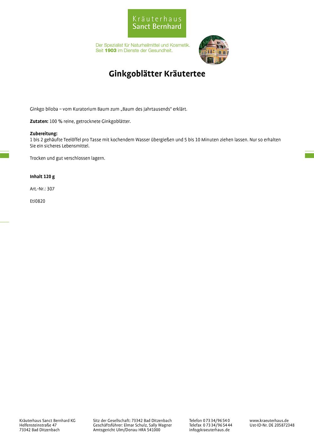 Sanct Bernhard Ginkgo-Blätter-Kräutertee