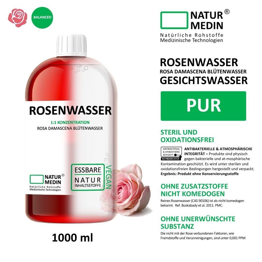 Rote Flüssigkeit in einer Flasche mit weißem Verschluss. Beschriftung: Rosenwasser, 1:1 Konzentration, Rosa Damascena Blütenwasser. Vegan. Mit Rose.