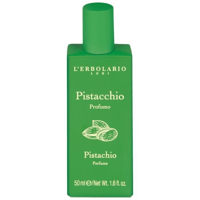 Grüne Flasche mit grünem Verschluss. Aufschrift: L'Erbolario, Pistacchio, Profumo, Pistachio, Perfume. 50 ml.