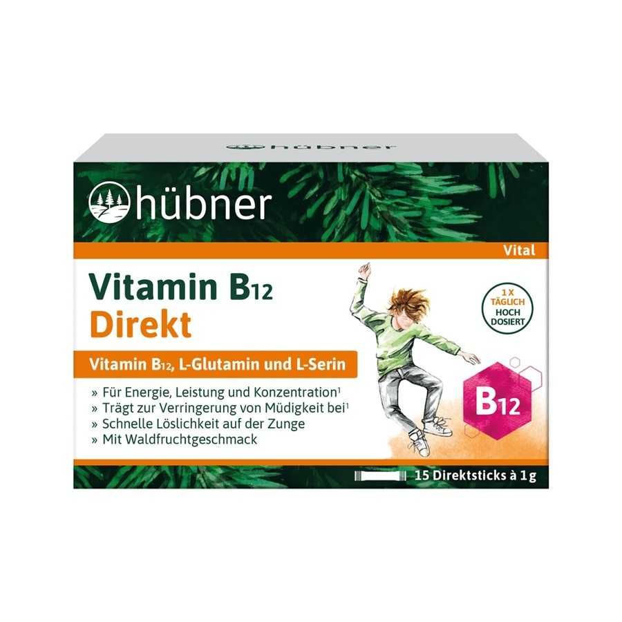 Schachtel Anton Hübner Vitamin B12 Direkt Bio. Aufschrift: Vitamin B12 Direkt, 15 Direktsticks à 1g. Mit Waldfruchtgeschmack.