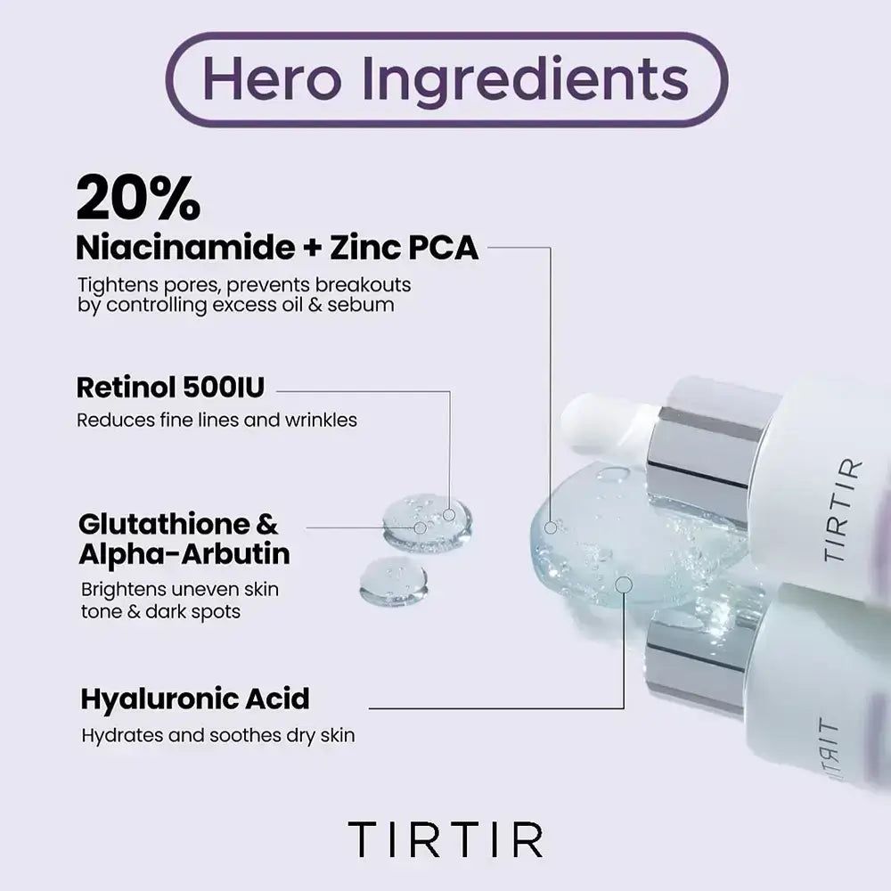 Grafik mit Inhaltsstoffen: 20% Niacinamid + Zink PCA, Retinol 500IU, Glutathion & Alpha-Arbutin, Hyaluronsäure. Marke: TIR TIR.