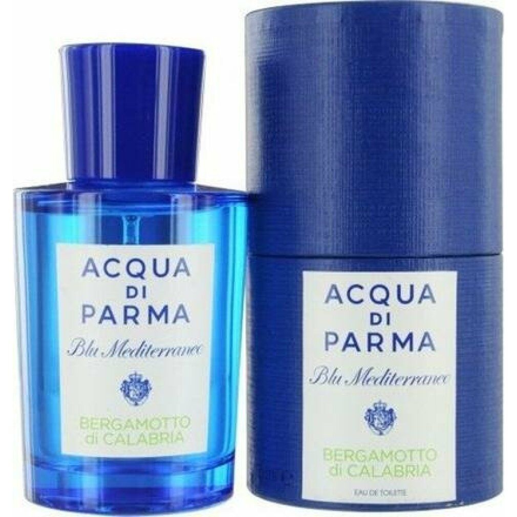 Blaues Parfümflakon und Verpackung. Aufschrift: Acqua Di Parma Blu Mediterraneo Bergamotto di Calabria.
