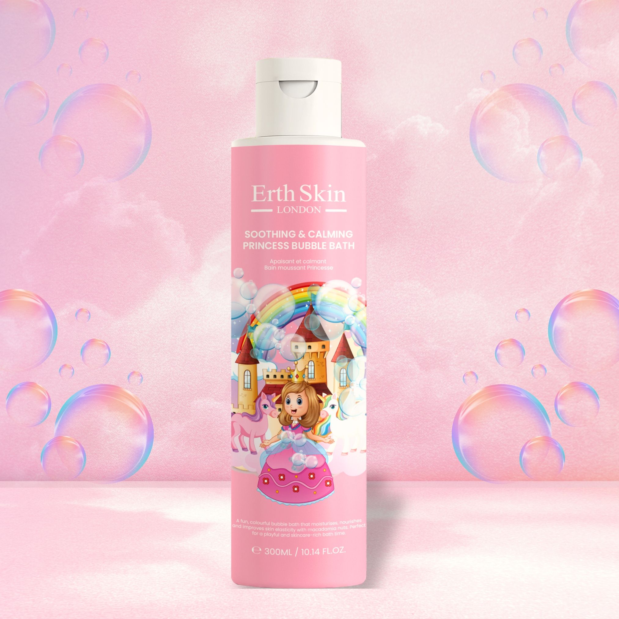 Erth Skin London Princess Bubble Bath Flasche mit Prinzessinnen-Motiv und Regenbogen.