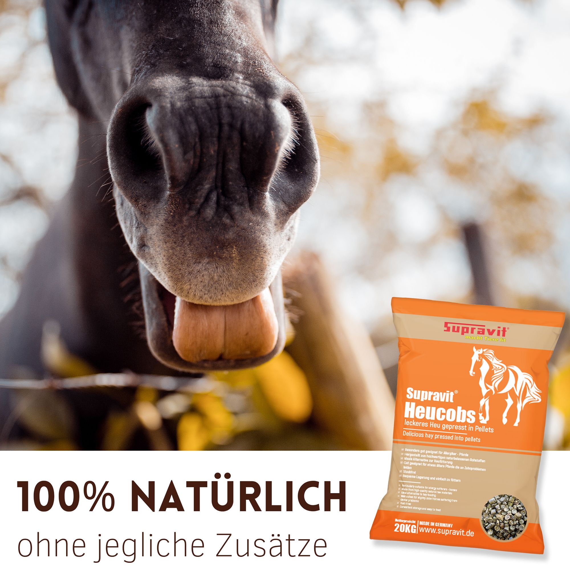 Pferdegesicht mit Zunge. Rechts: Verpackung mit Supravit Heucobs. Text: 100% natürlich, ohne jegliche Zusätze.