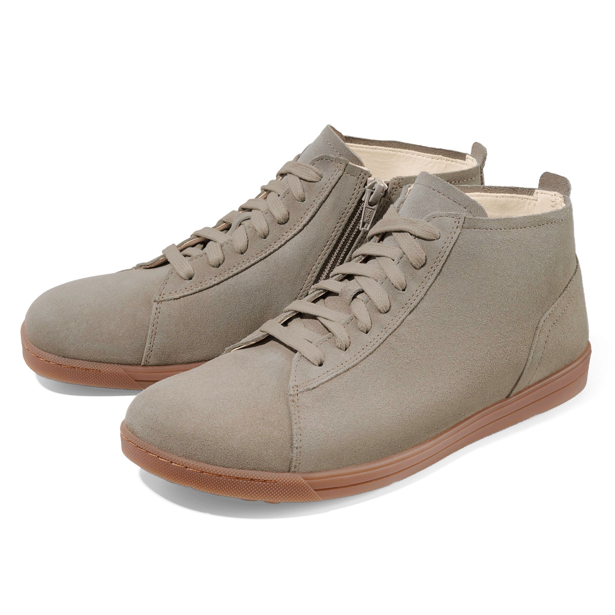Graue Damen-Stiefeletten aus Wildleder mit Schnürung und Reißverschluss.