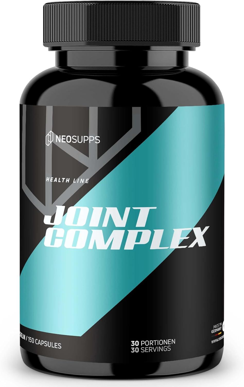 Schwarze Flasche "JOINT COMPLEX". Türkisfarbener diagonaler Streifen. Text: HEALTH LINE, 30 Portionen, 150 Kapseln.