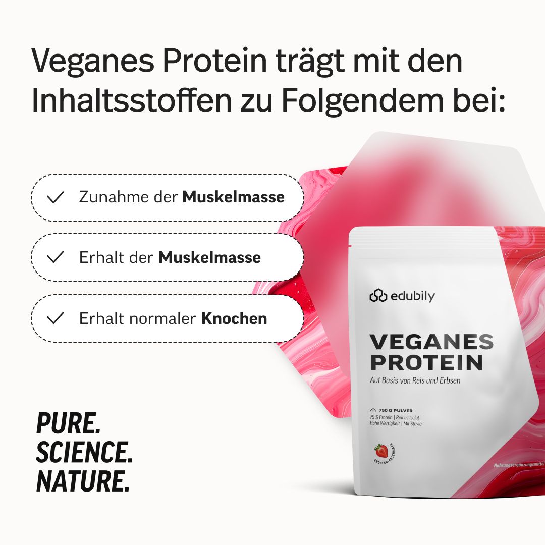 Veganes Protein unterstützt Muskelmasse, Muskelerhalt, Knochenerhalt. Pure. Science. Nature. Verpackung edubily Veganes Protein.