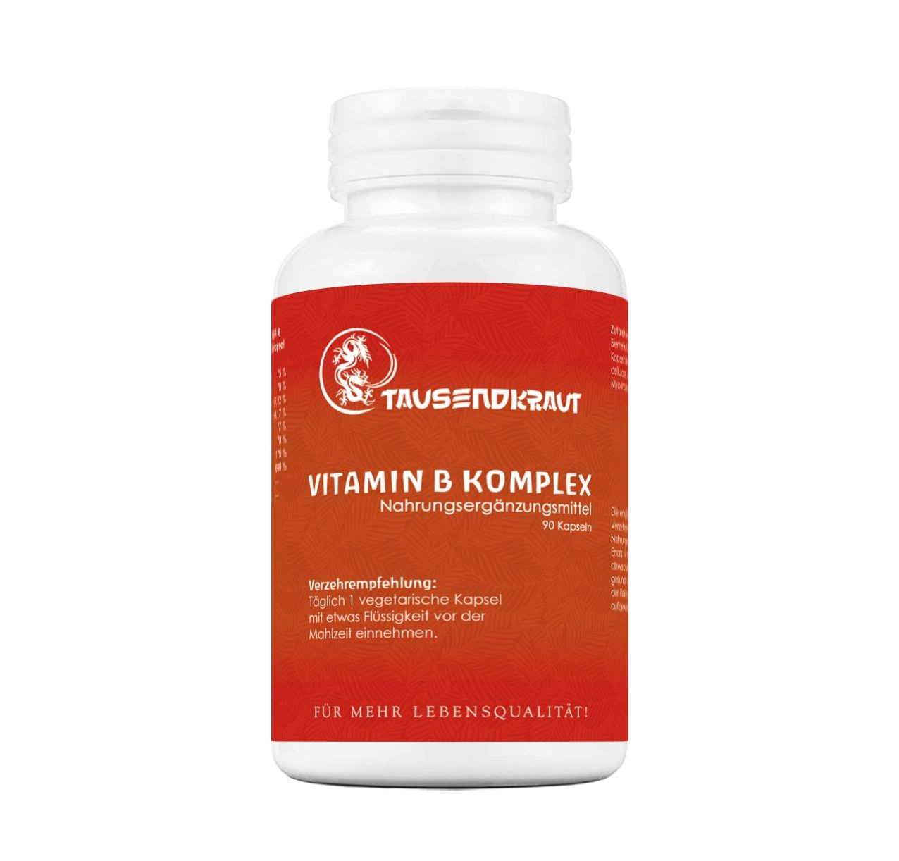 Weiße Flasche mit rotem Etikett. Aufschrift: Tausendkraut Vitamin B Komplex. Nahrungsergänzungsmittel. 90 Kapseln.