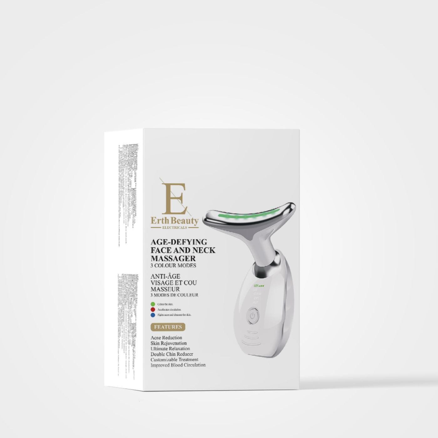 Weißes Gesichts- und Halsmassagegerät in einer weißen Verpackung. Auf der Verpackung steht "Erth Beauty" und "Age-Defying Face and Neck Massager".