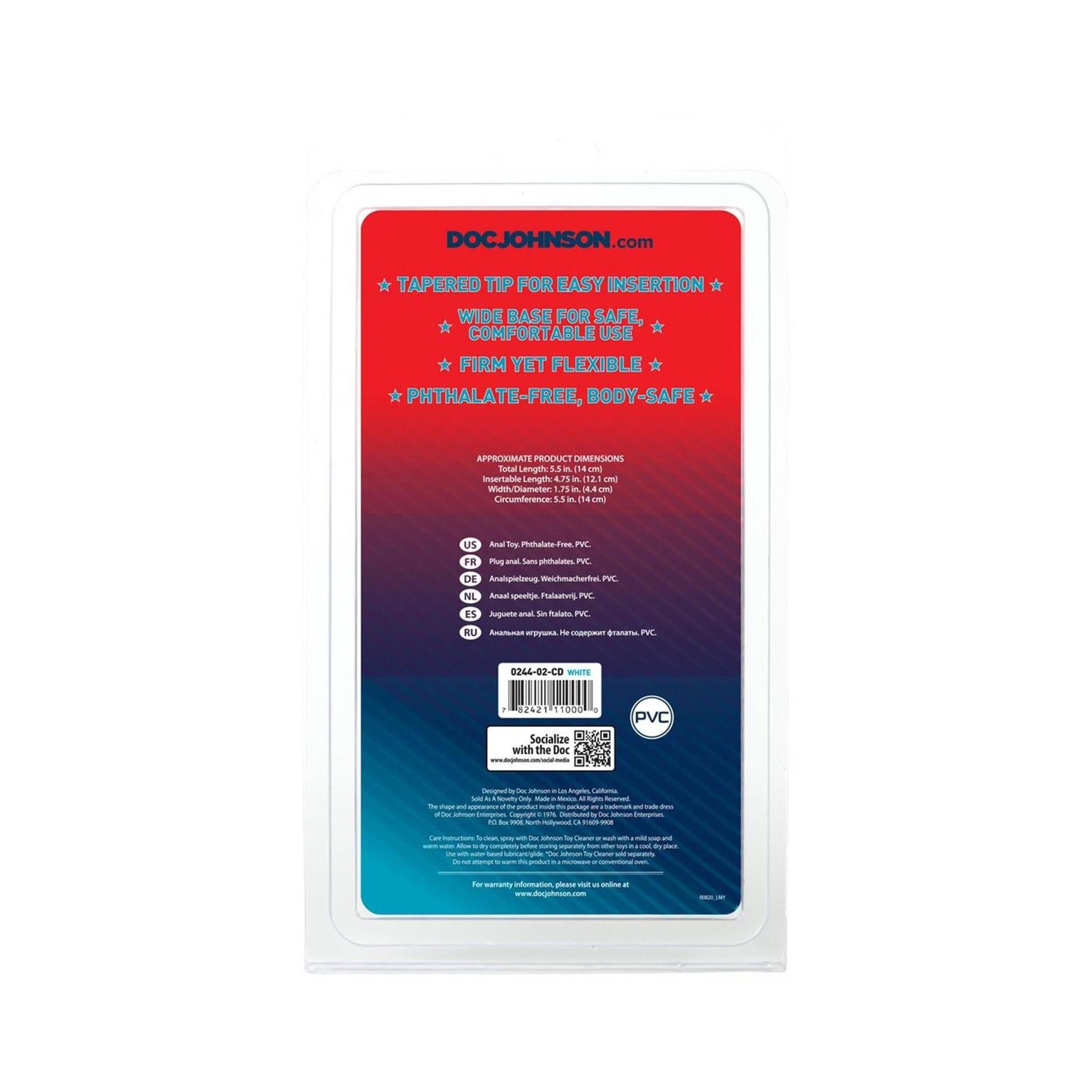 Rückseite der Verpackung. Text: Doc Johnson. Tapered Tip, Safe, Comfortable Use, Phthalate-Free. Produktinformationen, Barcode.