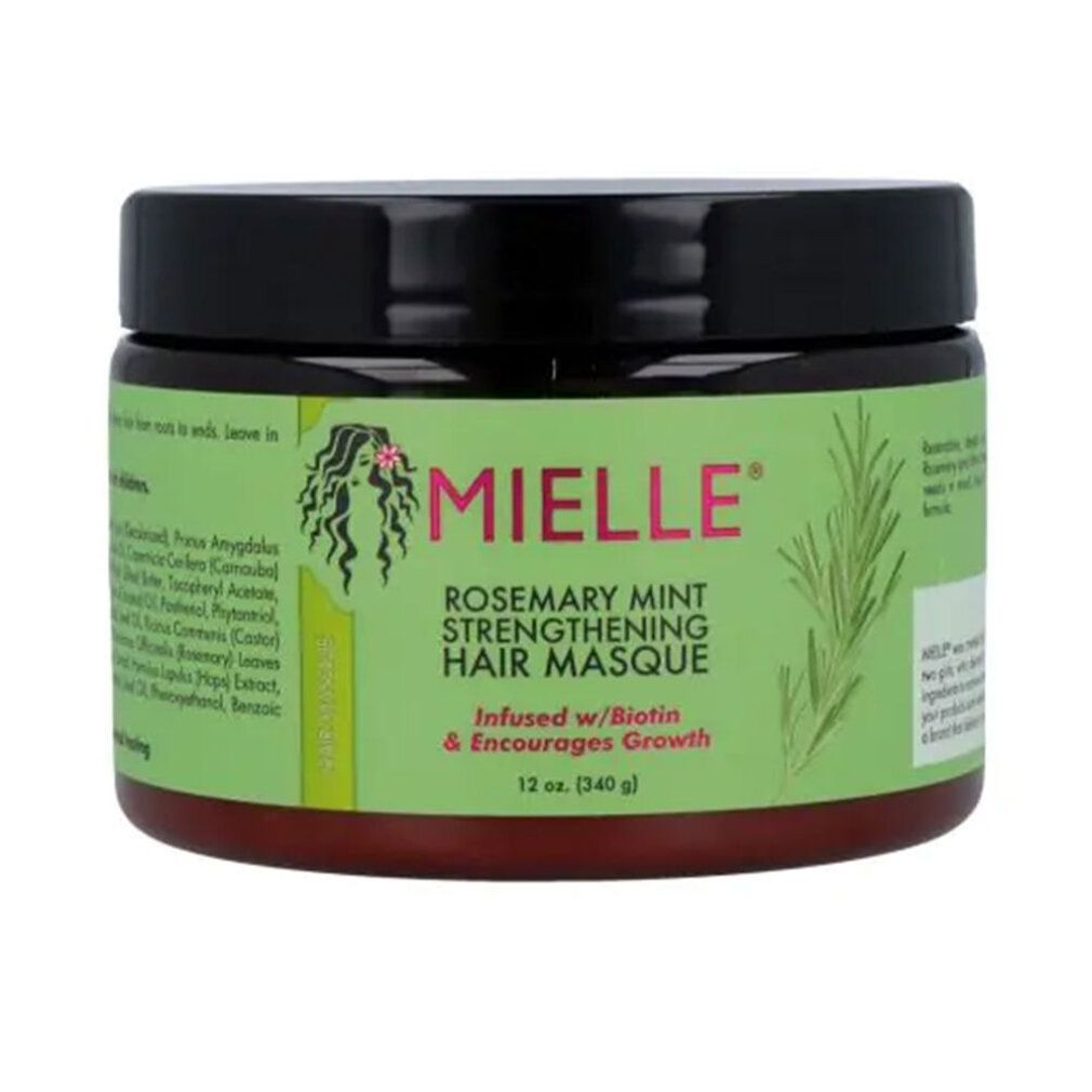 Mielle Rosemary Mint Stärkende Haarmaske, 340g, mit Etikett und schwarzem Deckel.