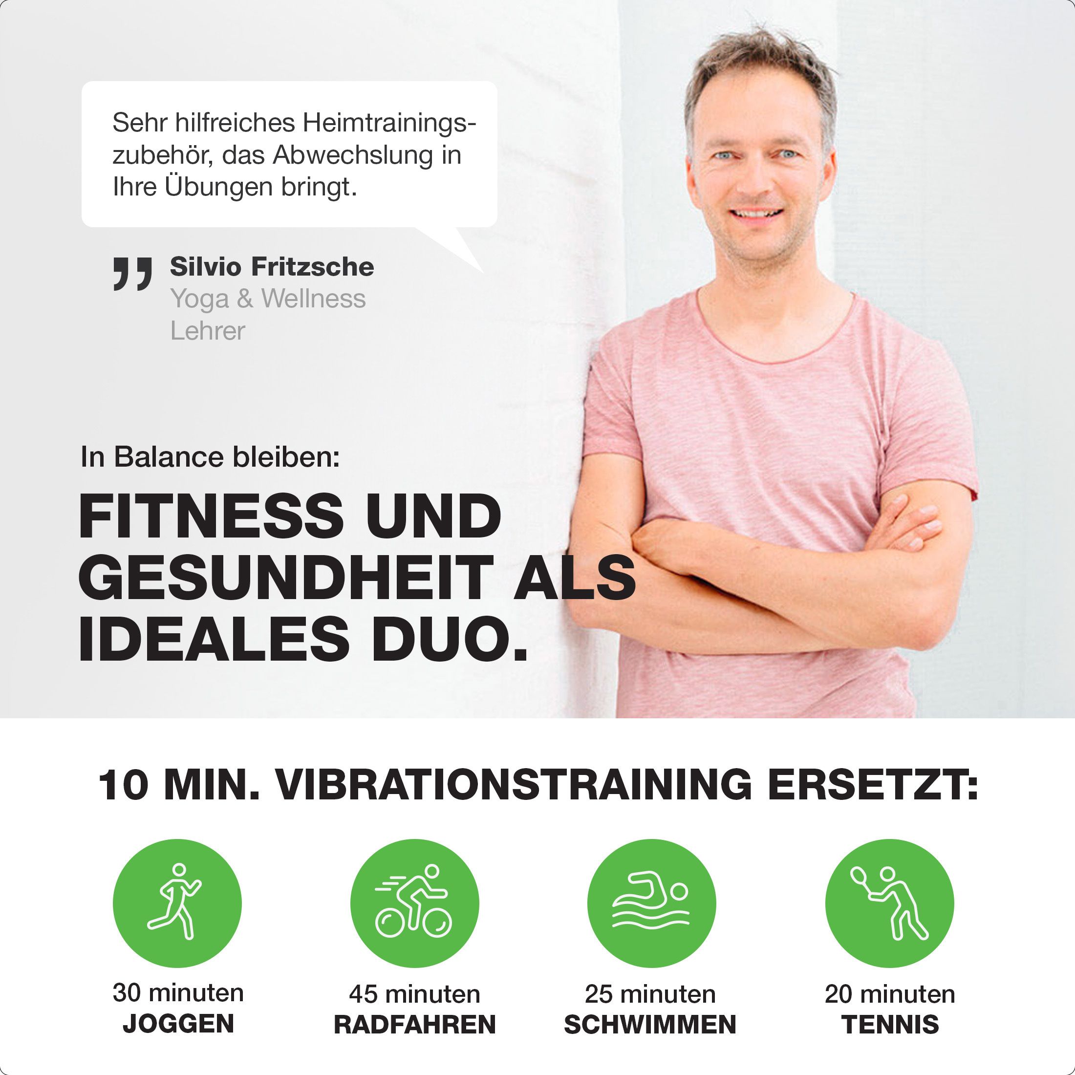 Werbebild mit Text und Mann. Text: FITNESS UND GESUNDHEIT ALS IDEALES DUO. 10 Min. Vibrationstraining ersetzt: Joggen, Radfahren, Schwimmen, Tennis.