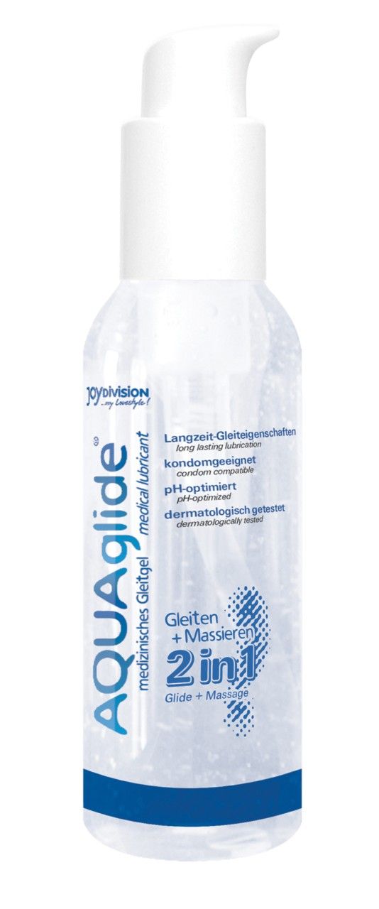 Transparente Flasche mit weißem Pumpkopf. Aufschrift: AQUAglide 2in1, medizinische Gleitgel, pH-optimiert. Marke: Joydivision.