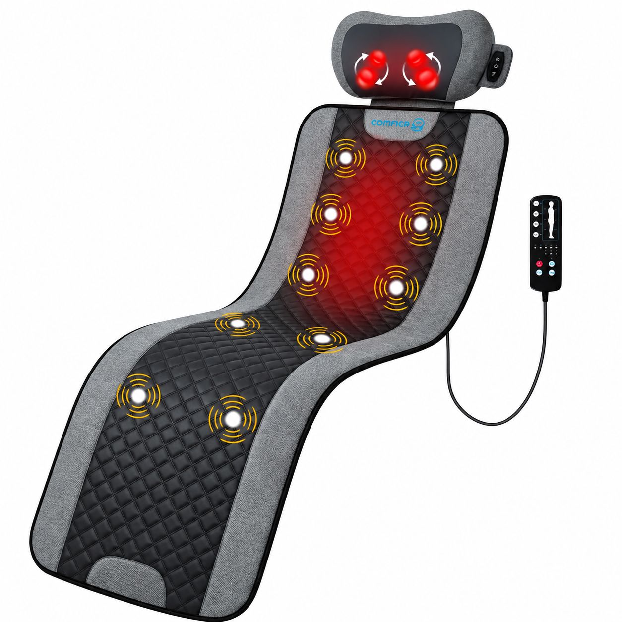 Graue Massagematte mit Nackenmassage, 8 Vibrationszonen, Fernbedienung.