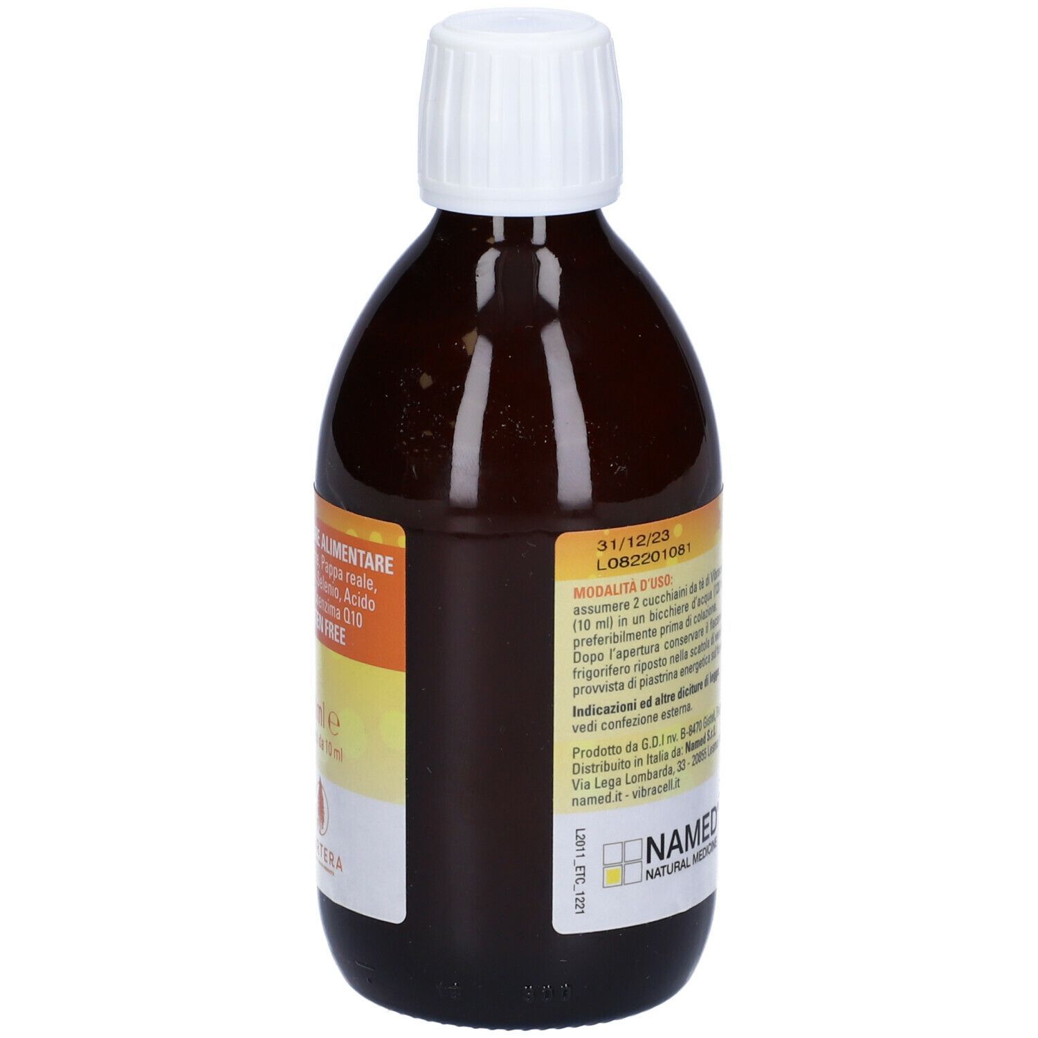 Flacone marrone Vibracell. Etichetta con informazioni prodotto. Tappo bianco. Vista posteriore.