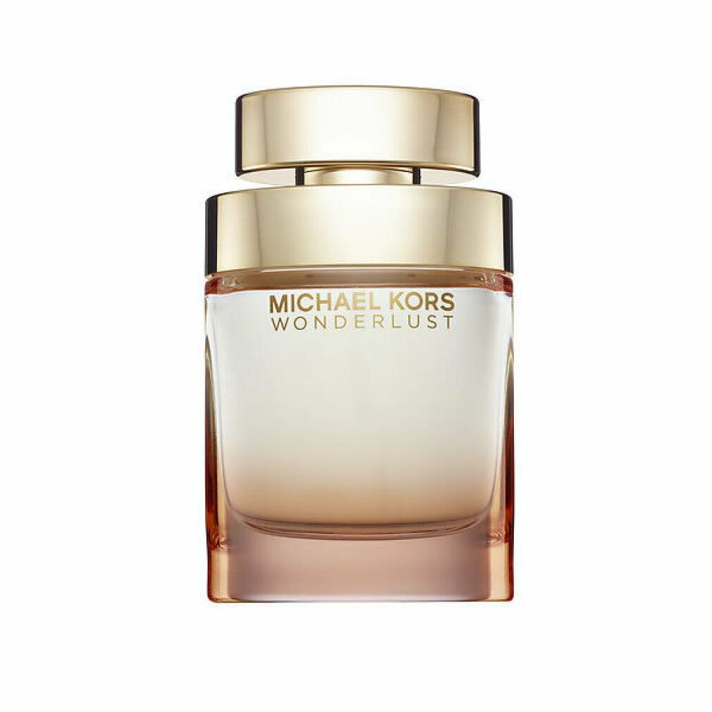 Michael Kors Wonderlust Edp Spray. Flakon mit goldfarbenem Verschluss, rosa Farbverlauf. Schriftzug auf dem Flakon.