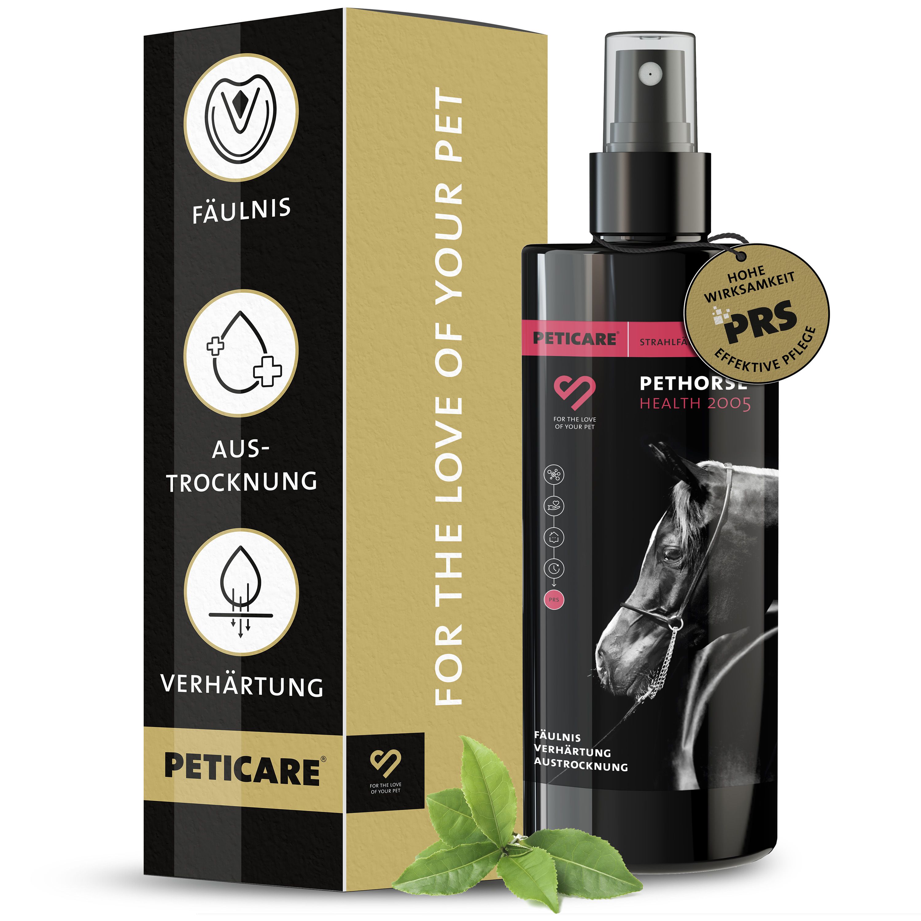 Peticare Strahl-Pflege Mittel für Pferde. Schwarze Flasche mit Sprühkopf und Verpackung. Logos und Produktinformationen.
