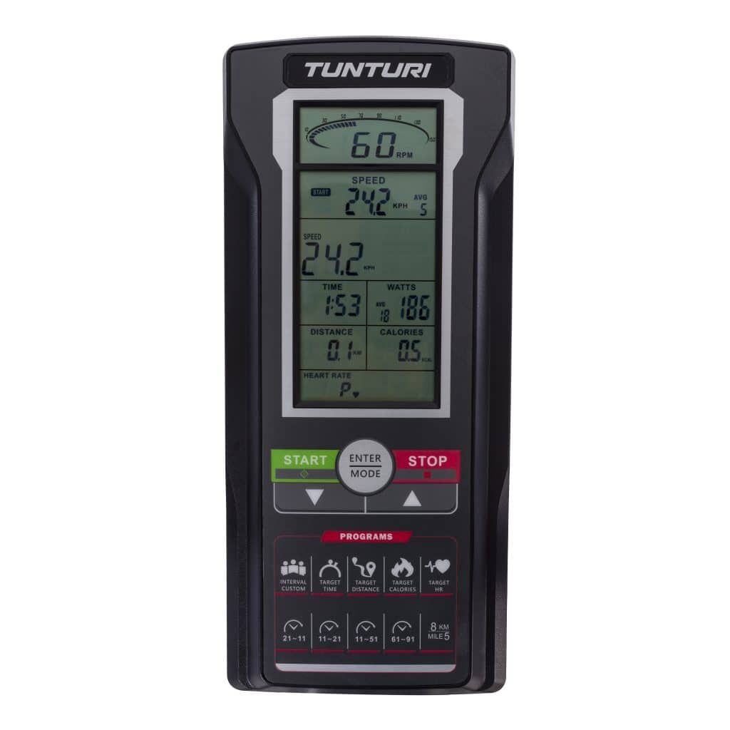 Konsole eines Airbikes. Schwarzes Display mit Informationen: Geschwindigkeit, Zeit, Distanz, Kalorien, Watt.