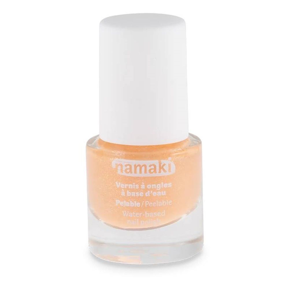 Nagellackflasche mit weißem Deckel. Aufschrift: namaki, Vernis à ongles à base d'eau, Peelable, Water-based nail polish.