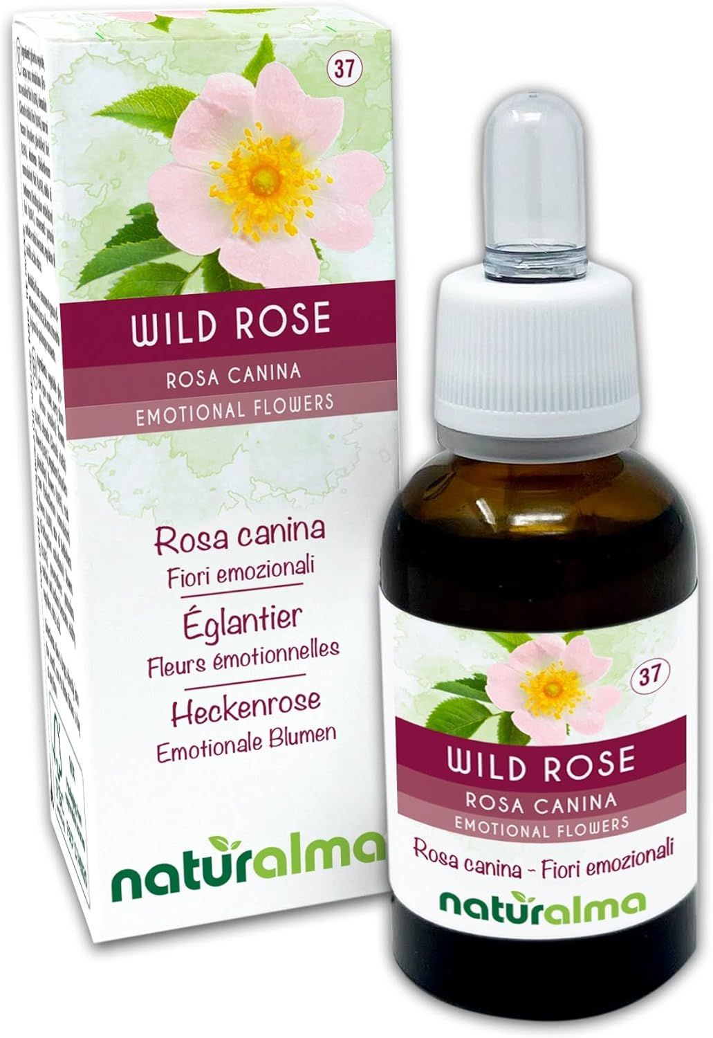 Braune Glasflasche und Karton mit Aufschrift WILD ROSE. Produktname: Rosa canina. Mit Tropfer und Blütenabbildung.