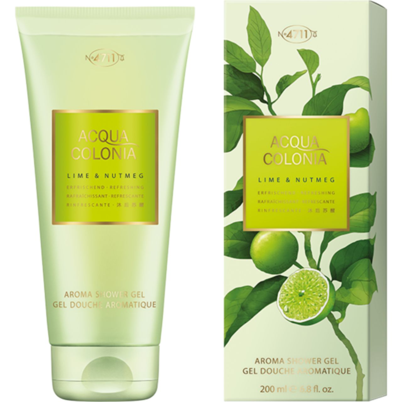 Grüne Tube und Schachtel. Aufschrift: Acqua Colonia Lime & Nutmeg Aroma Shower Gel. Limetten- und Muskatnuss-Illustration.