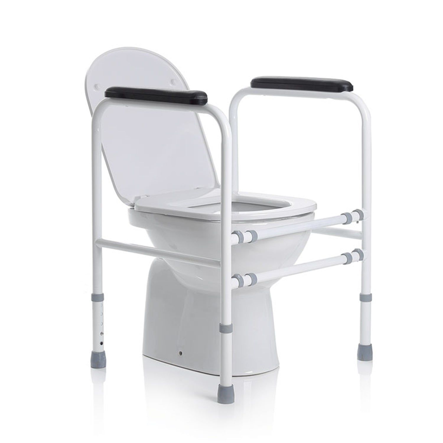Supporto per WC in acciaio verniciato bianco, regolabile in altezza e larghezza. Con braccioli e sedile.