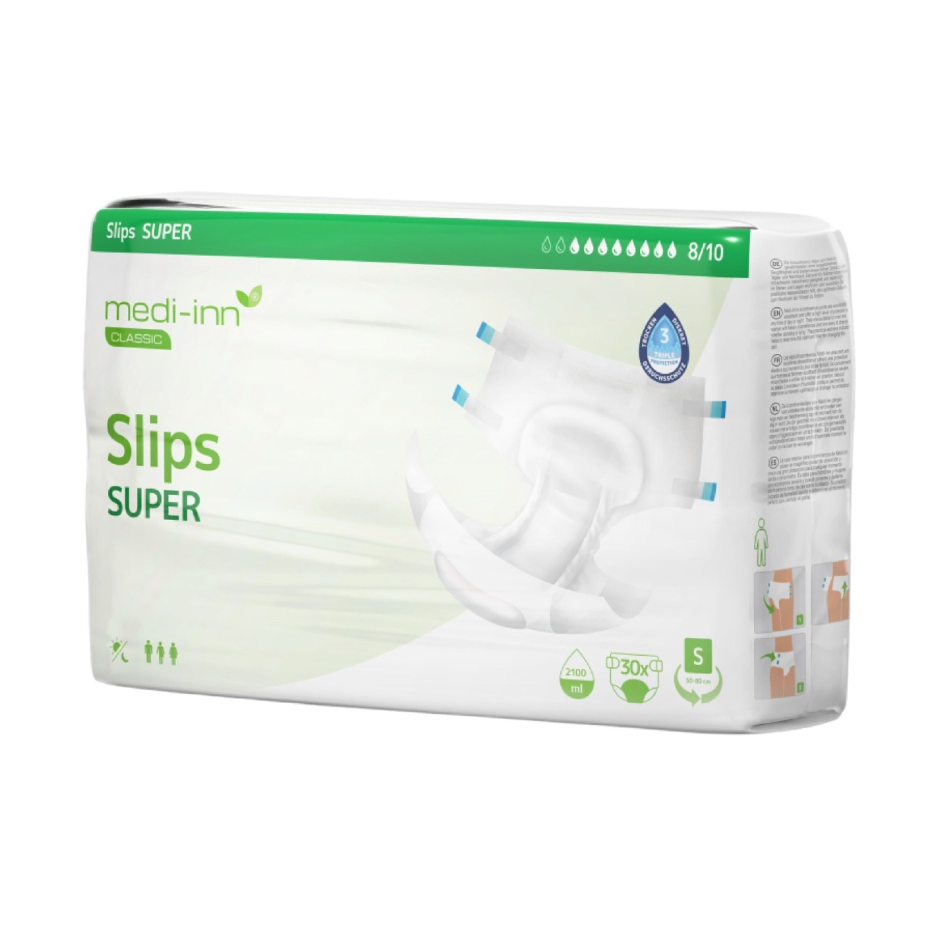 Verpackung von Medi-Inn Slips SUPER. Grün-weiße Verpackung mit Produktabbildung, Tropfensymbol und der Aufschrift "8/10".