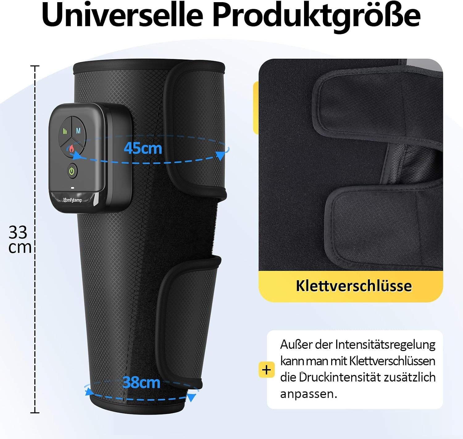 Schwarzes Beinmassagegerät mit abnehmbarem Steuergerät und Klettverschlüssen.